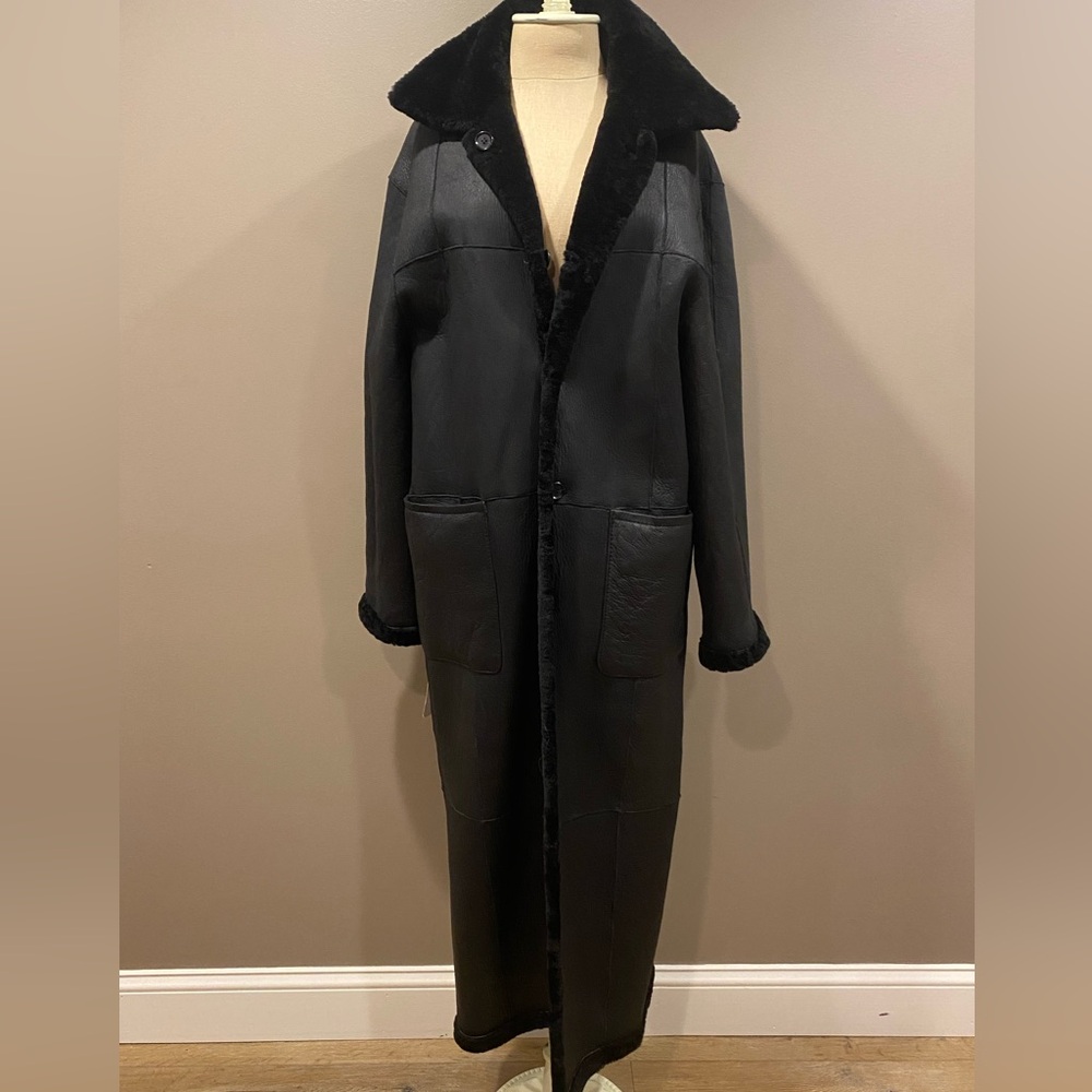 Women’s full length reversible leather/sheepskin coat - Black, size M